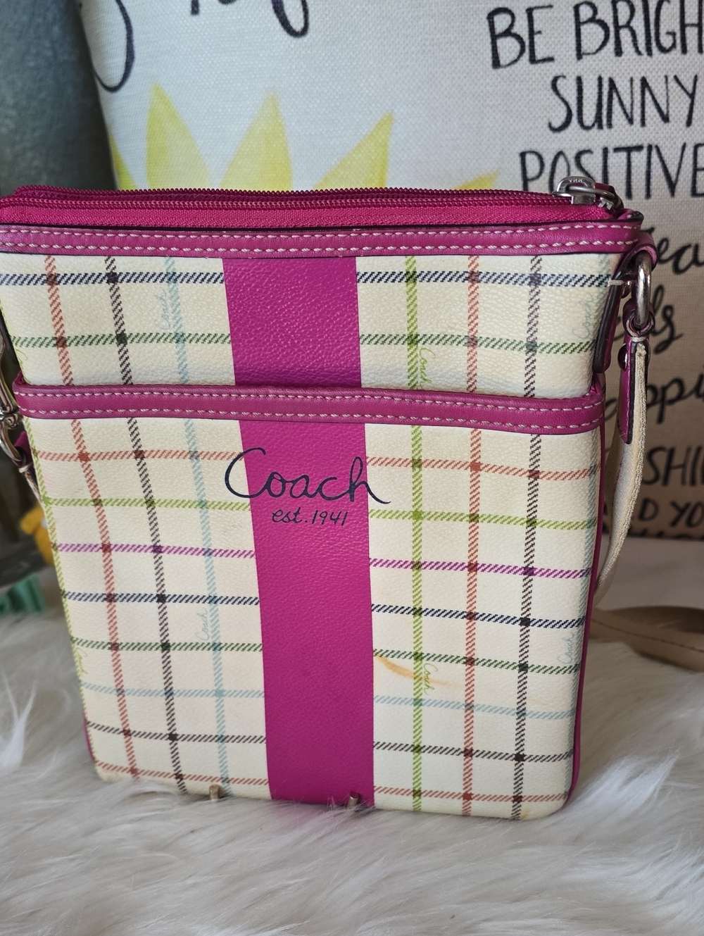 Coach Pink Stripe Multicolor Plaid Crossbody Bag
